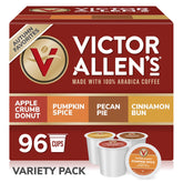 Victor Allen's front packaging of 96-count variety pack showing fall flavors and convenience