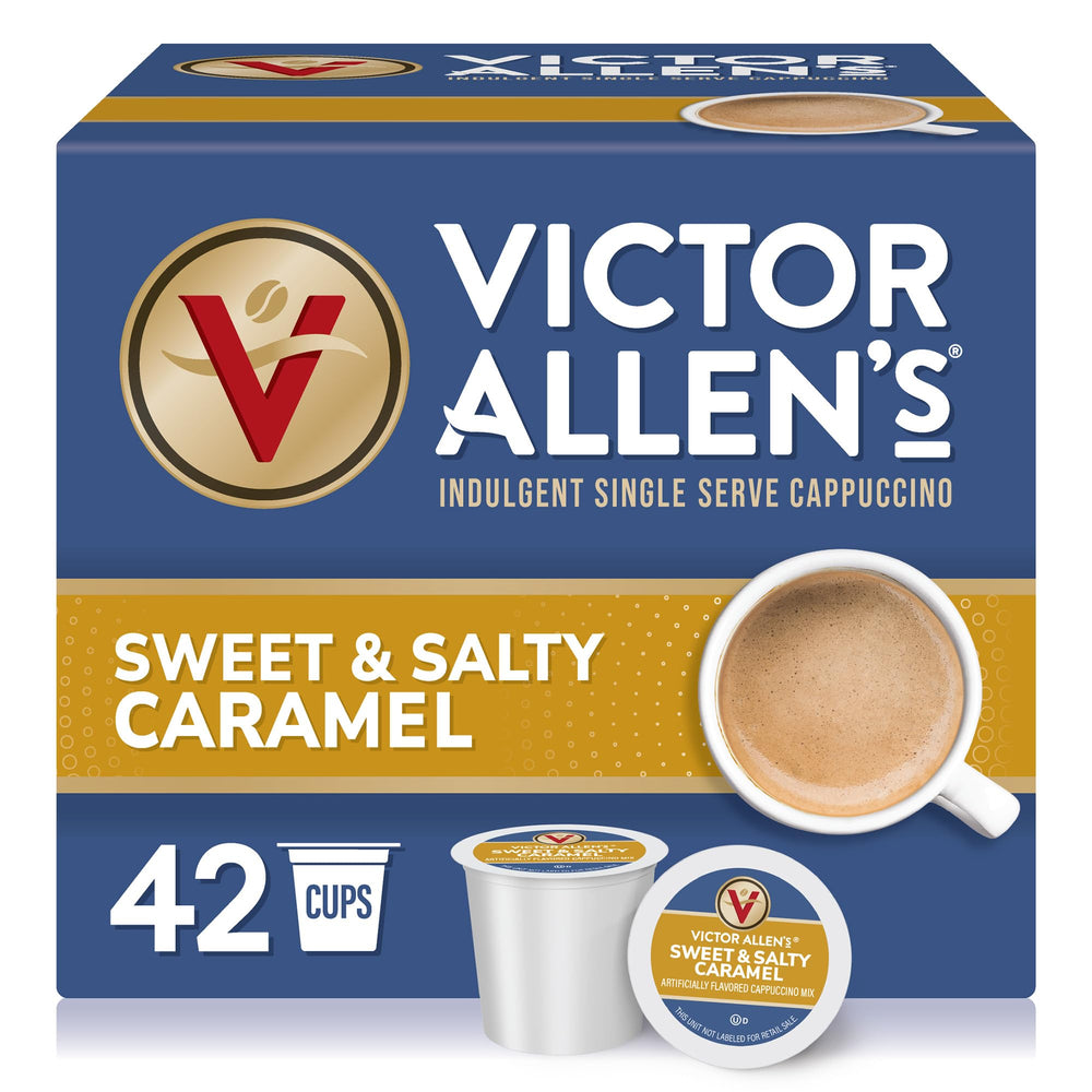 Victor Allen's front box view showing 42-count pods and caramel cappuccino branding for convenience