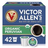 Victor Allen's front packaging showing 42-count pods and organic label benefit