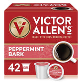 Victor Allen's front packaging showing peppermint bark pods and festive design, quick grab-and-brew benefit