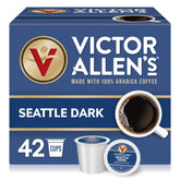 Victor Allen's box front view showing Seattle Dark pods and bold roast benefit