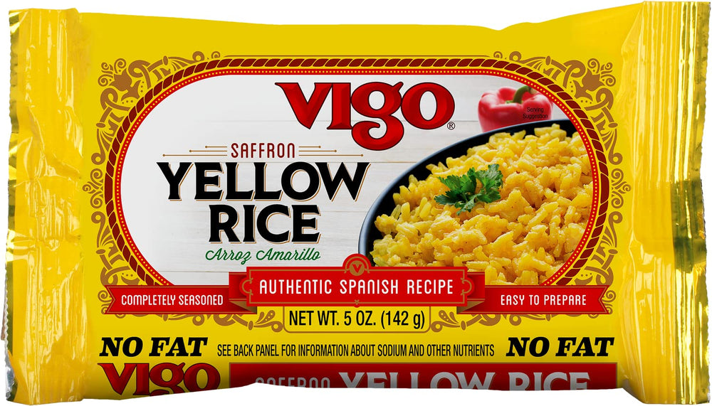 Vigo front package showing bright saffron yellow rice and convenient pouch benefit