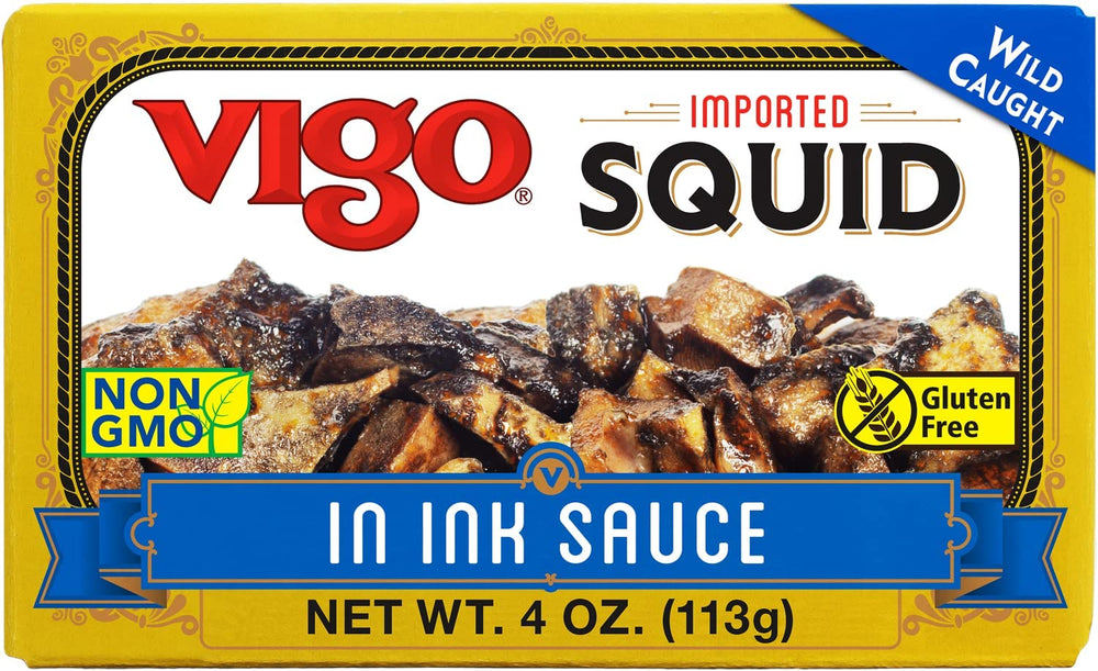 Vigo front packaging showing canned squid in ink, highlights authentic Spanish flavor
