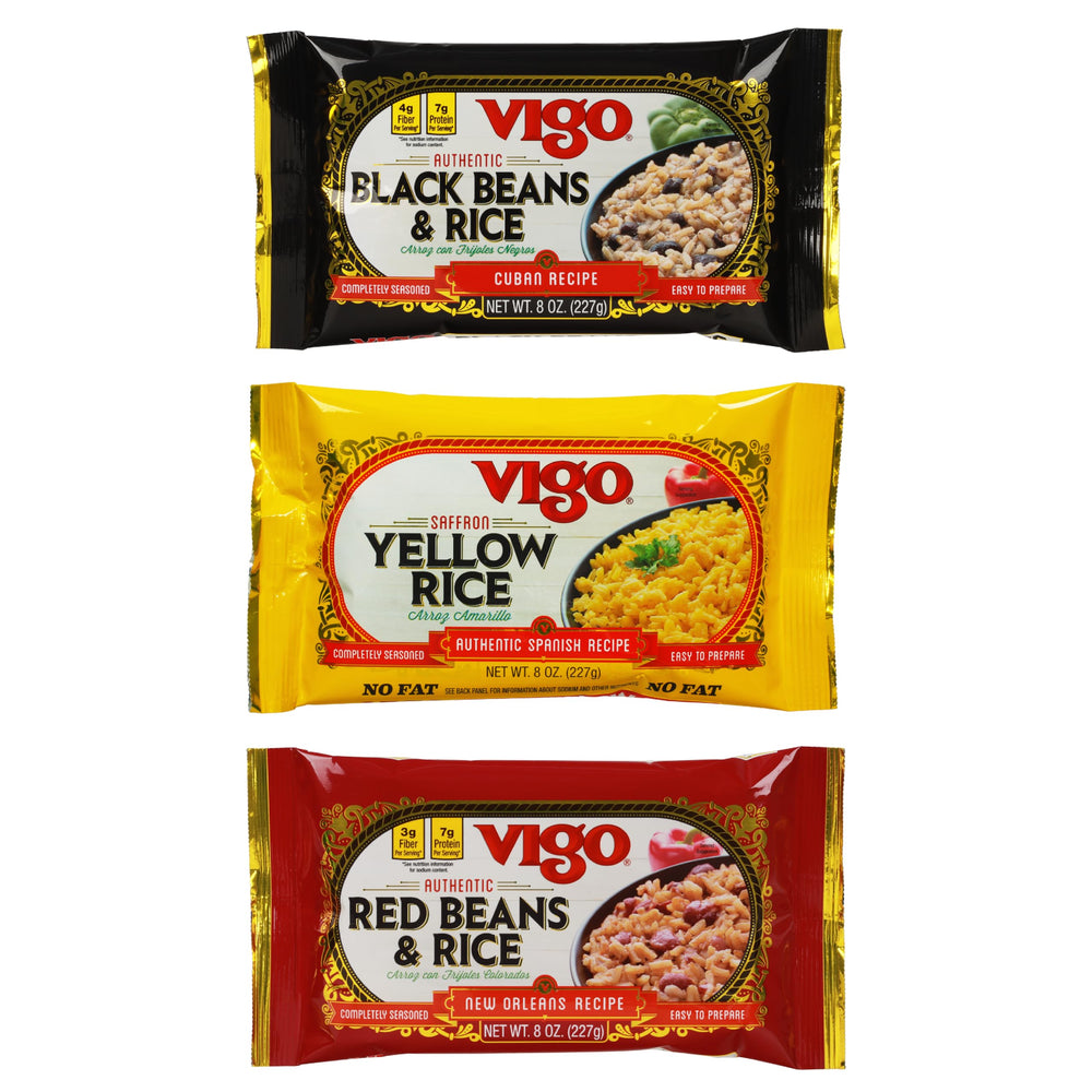 Vigo front packaging showing three 8oz pouches and variety benefits