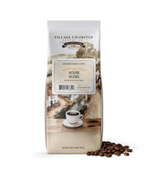 Village Favorites front of bag showing 1 lb low acid coffee, convenient storage