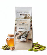 Village Favorites front bag showing Honey Pistachio Spice and benefit of smooth flavor