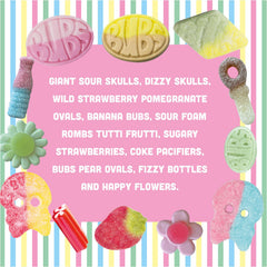 VINTERLAND close-up of assorted Bubs candies highlighting textures and vibrant colors