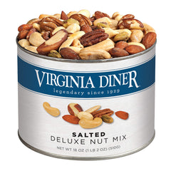 Virginia Diner front tin view showing brand and nut assortment for gifting