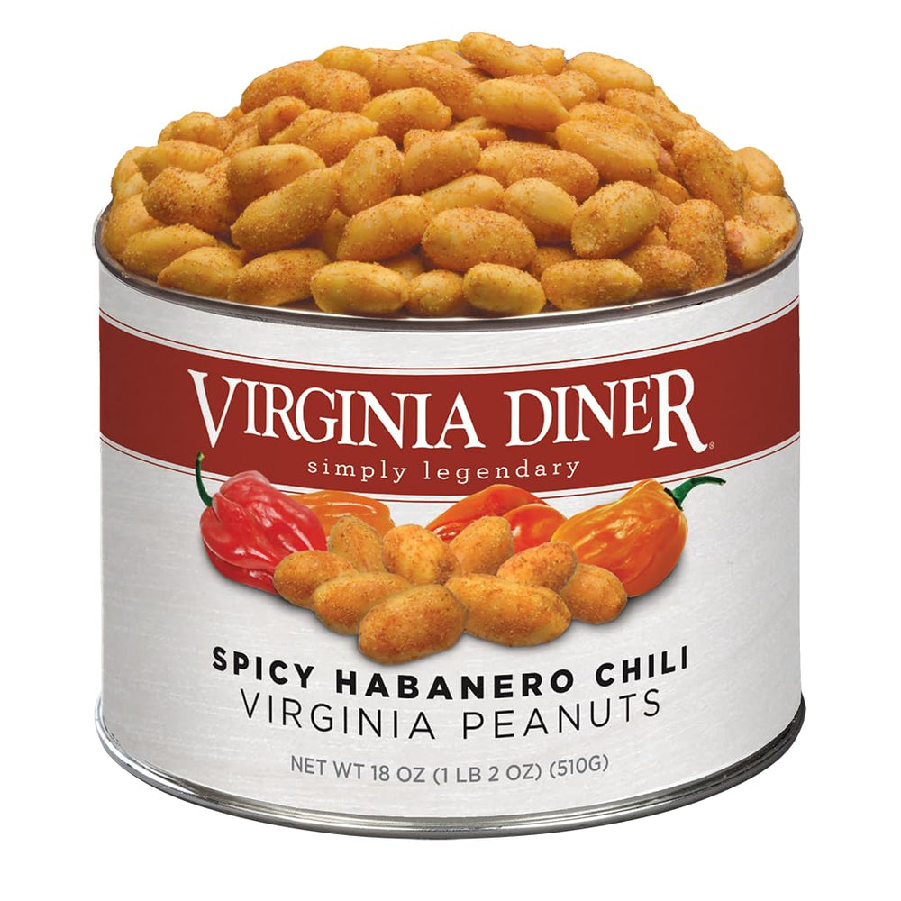Virginia Diner tin showing spicy habanero chili peanuts and resealable lid for freshness