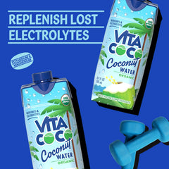 Vita Coco bottle next to a water bottle showing portable 16.9 oz size convenience