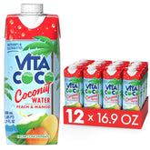 Vita Coco front packaging showing Peach & Mango flavor and benefits