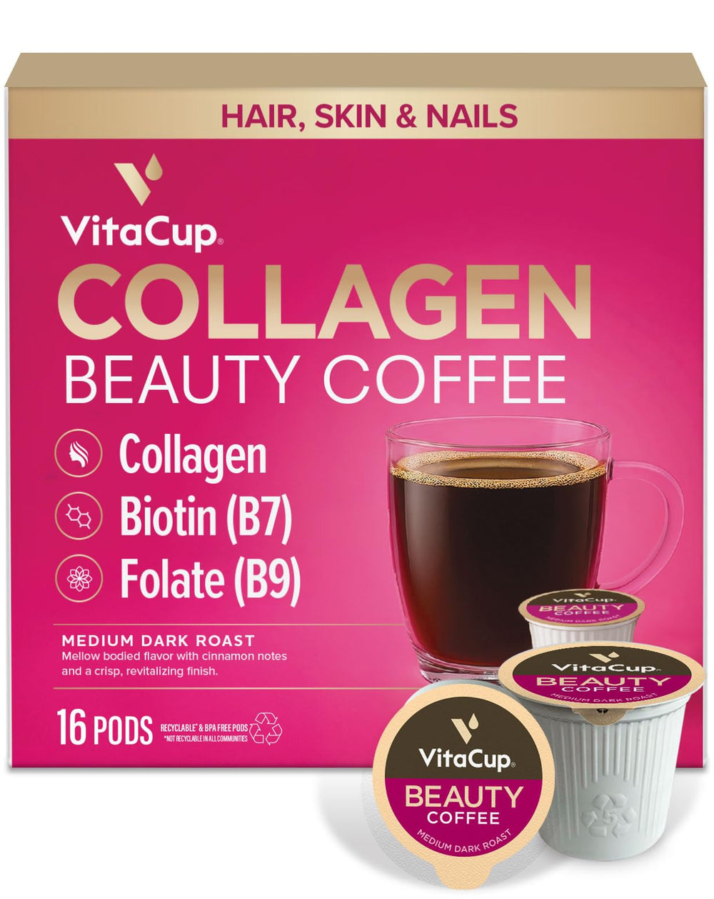 VitaCup front packaging showing 16ct box and product name with benefits
