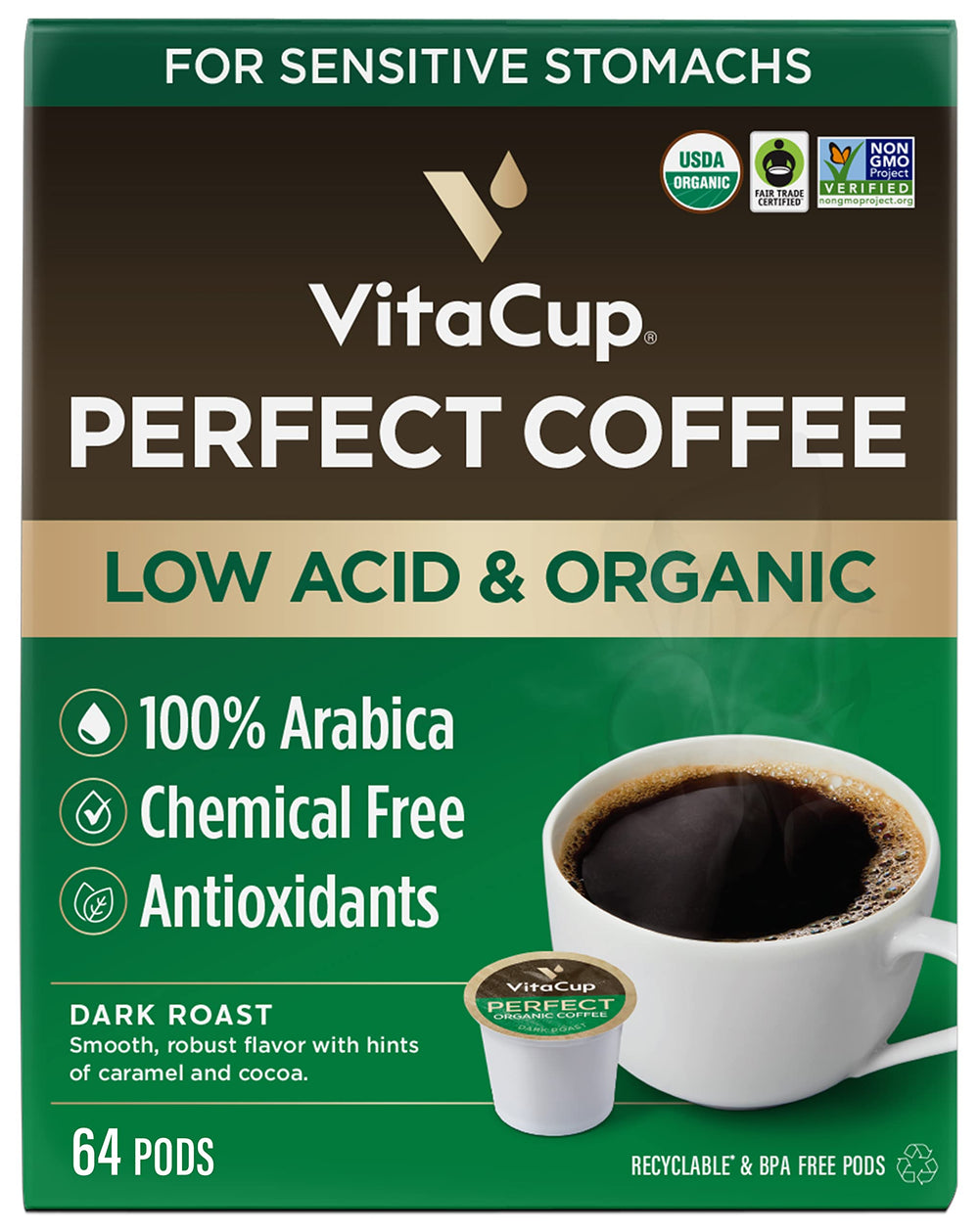 VitaCup front packaging showing 64ct organic dark roast pods and certifications, clear labeling benefit