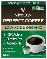 VitaCup front packaging showing 64ct organic dark roast pods and certifications, clear labeling benefit