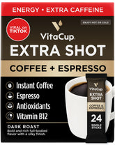 VitaCup front box showing 24-count packets and bold dark roast branding, convenient portability