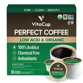 VitaCup front packaging showing dark roast pods and organic badge for clear choice