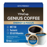 VitaCup front packaging showing 10-count keto coffee pods and convenience