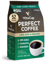VitaCup front packaging showing 20oz bag and clear organic label, highlights freshness