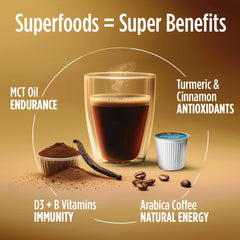 VitaCup Genius Vanilla brewed cup with steam showing creamy vanilla flavor and rich color
