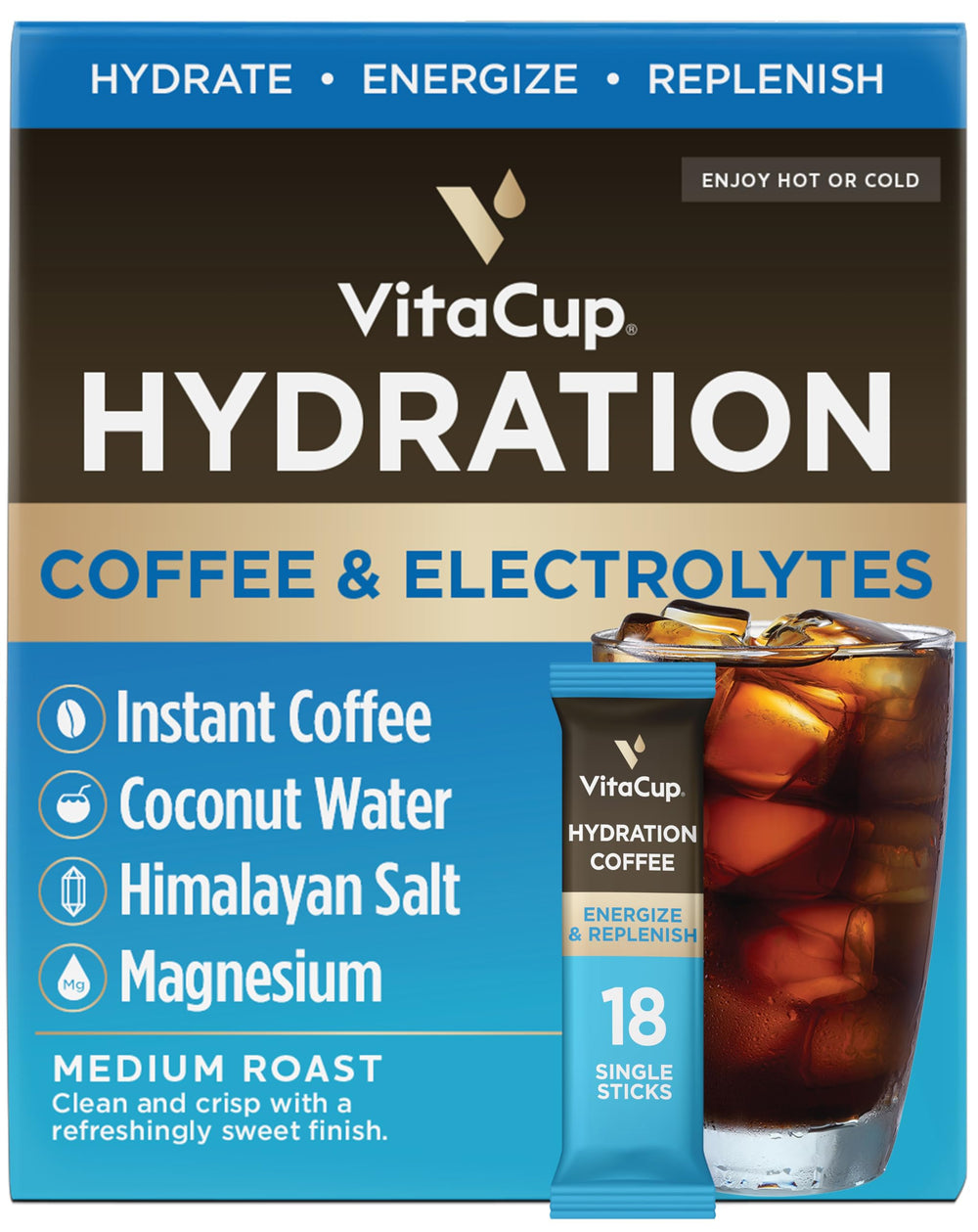 VitaCup front packaging showing 18-stick pack and clear labeling for convenience