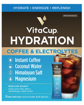 VitaCup front packaging showing 10-count medium roast packets and benefits