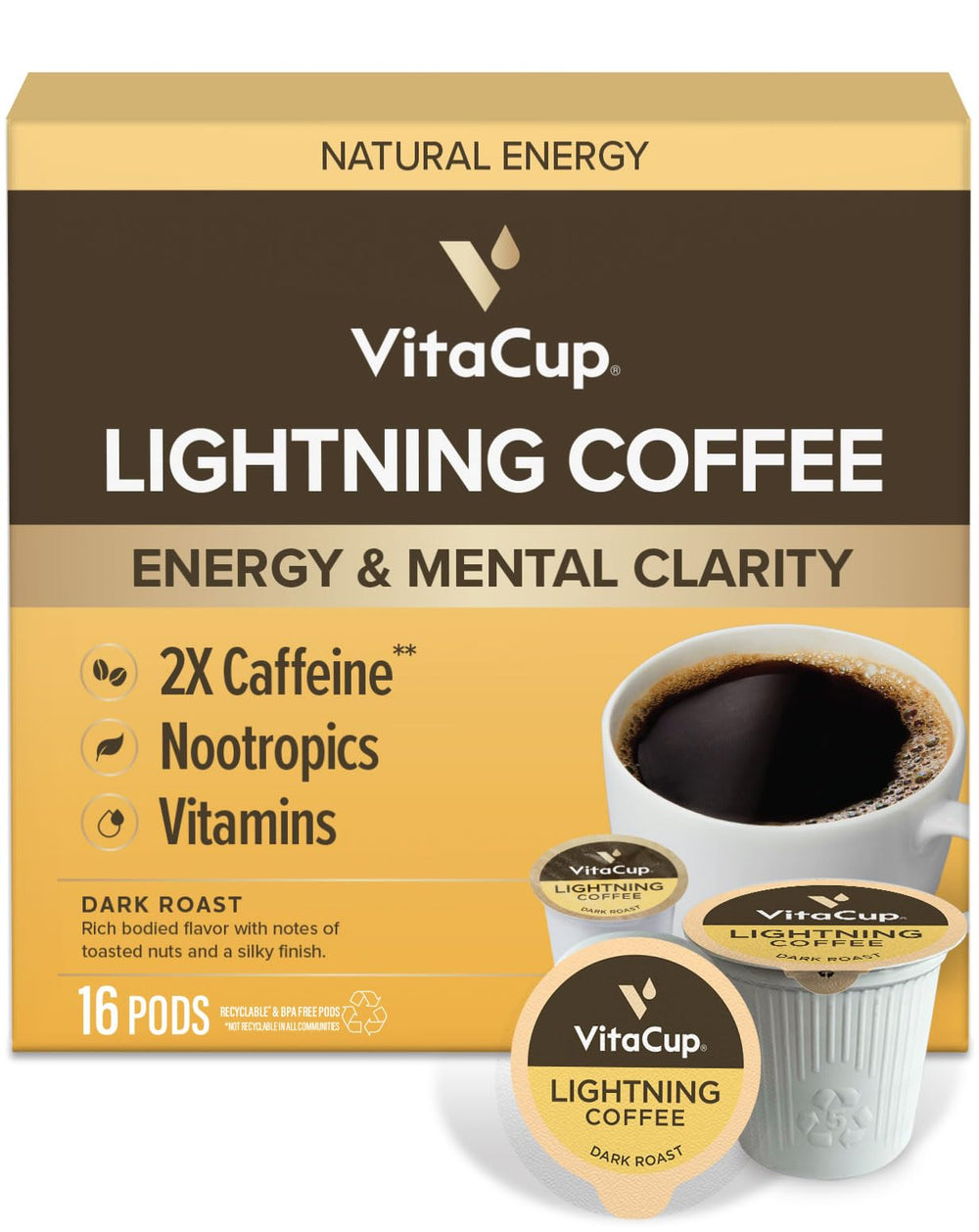 VitaCup Lightning front packaging showing bold dark roast and 16-count benefits