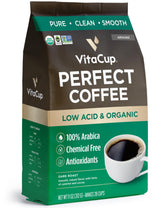 VitaCup front packaging showing organic low acid label and dark roast benefit