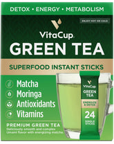 VitaCup front box of 24 matcha packets showing packaging and convenience