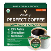VitaCup front packaging showing organic dark roast decaf benefits