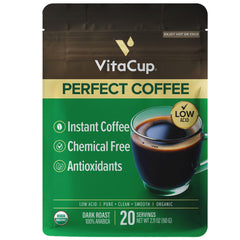 VitaCup pouch front view showing branding and servings benefit