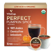 VitaCup front packaging showing organic pumpkin spice pods and benefits
