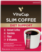VitaCup slim front packaging showing 10-count and medium roast benefit portability