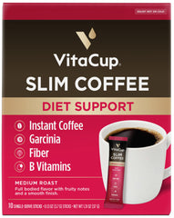 VitaCup slim front packaging showing 10-count and medium roast benefit portability