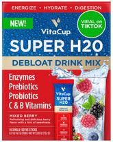 VitaCup front packaging showing 16ct stick packets and product name benefits