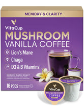 VitaCup front packaging showing 16 vanilla mushroom coffee pods and benefits