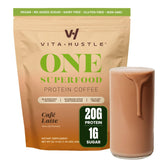 VitaHustle front packaging showing café latte label and benefits