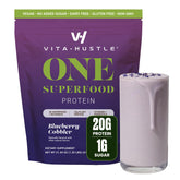 VitaHustle front of package showing blueberry cobbler flavor and benefits
