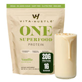 VitaHustle front packaging highlighting vanilla flavor and meal replacement benefits