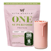 VitaHustle front packaging showing strawberry meal replacement benefits