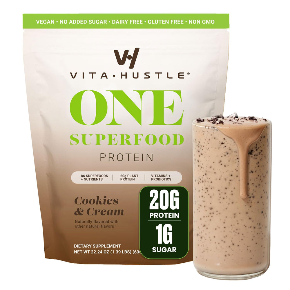 VitaHustle front packaging showing cookies & cream flavor and benefits