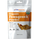 Vitamatic front packaging of organic fenugreek powder showing brand and size, convenient storage