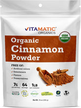 Vitamatic front pouch showing organic cinnamon and resealable pouch benefit