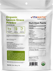 Vitamatic fine lemongrass powder close-up texture, showing organic quality and mixability