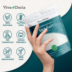 Close-up of Viva Doria fine-grain Mediterranean sea salt crystals highlighting purity and quick dissolve