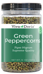 Viva Doria front jar of green peppercorns shows label and resealable jar preserving freshness
