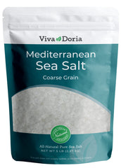 Viva Doria front packaging 5 lb bag showing brand and coarse Mediterranean sea salt, ideal for bulk kitchen use