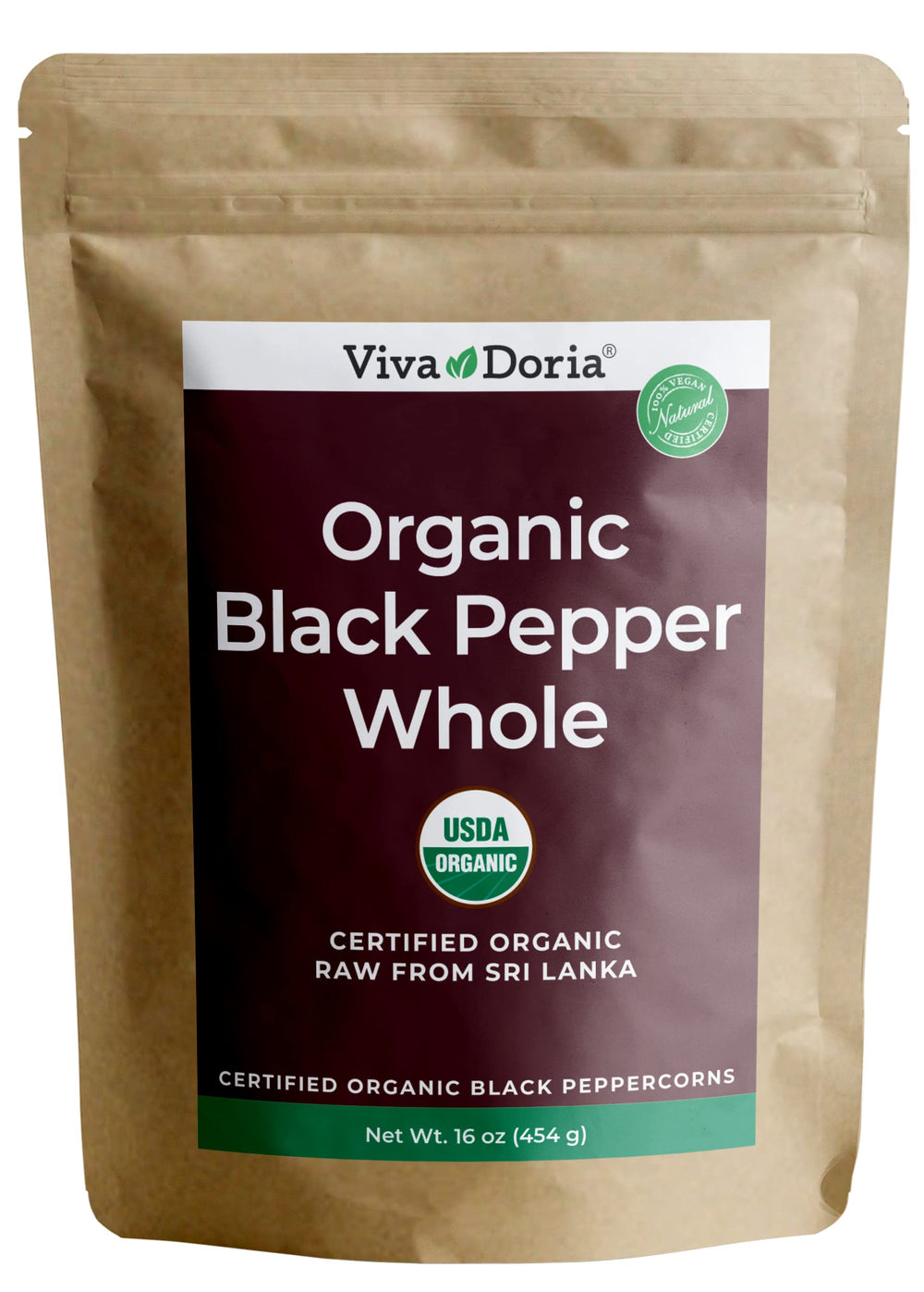 Viva Doria front packaging of 16 oz organic Ceylon peppercorns, keeps flavor fresh