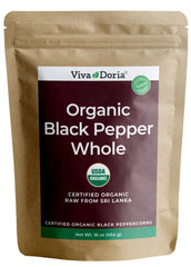 Viva Doria front packaging of 16 oz organic Ceylon peppercorns, keeps flavor fresh