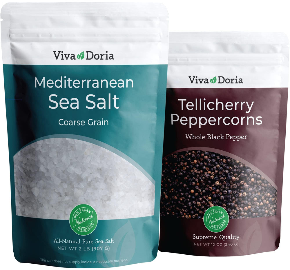 Viva Doria front packaging showing both peppercorns and sea salt for pantry appeal