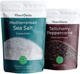 Viva Doria front packaging showing both peppercorns and sea salt for pantry appeal